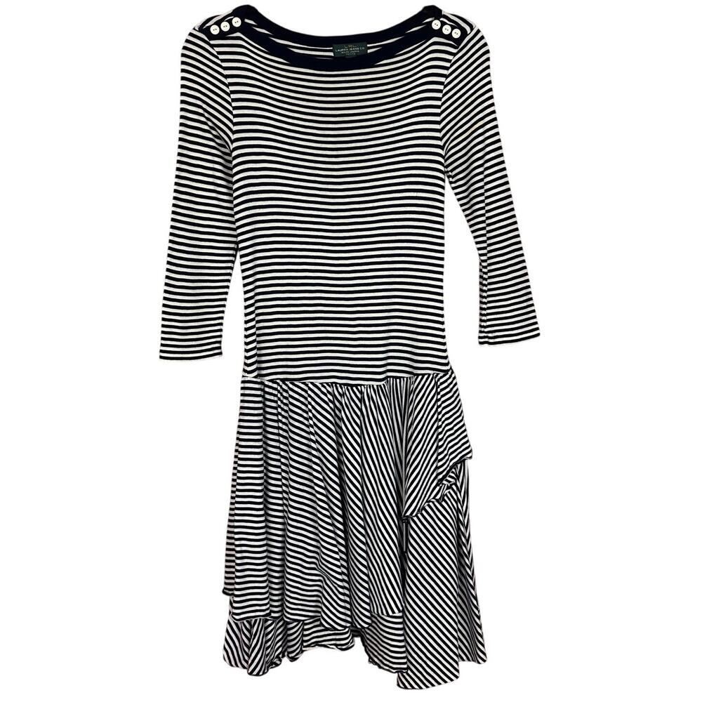 Lauren Ralph Lauren Medium Petite Stripe Dress Ruffle Drop Waist Navy Blue
